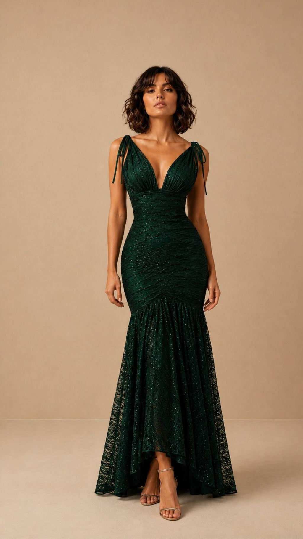LIVIA OLIVE SEQUIN HALTER MAXI DRESS