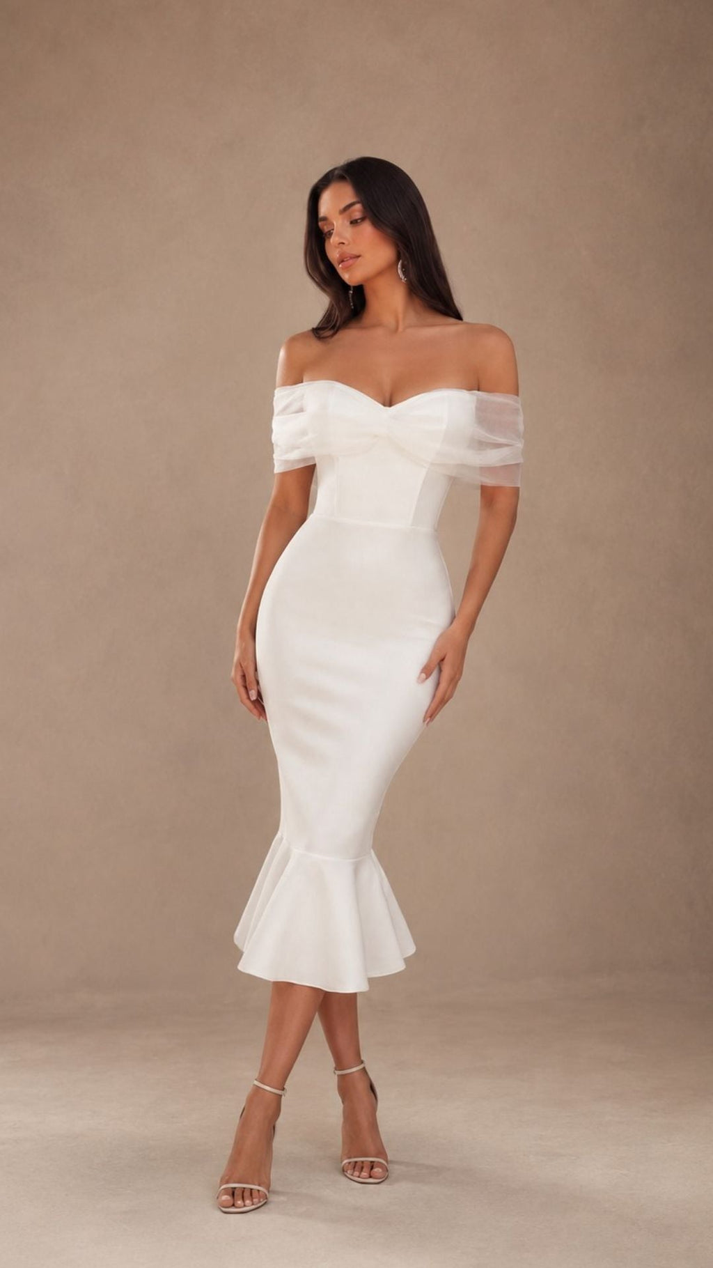 ISABELLA WHITE OFF-SHOULDER MIDI DRESS