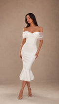 ISABELLA WHITE OFF-SHOULDER MIDI DRESS