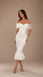 ISABELLA WHITE OFF-SHOULDER MIDI DRESS