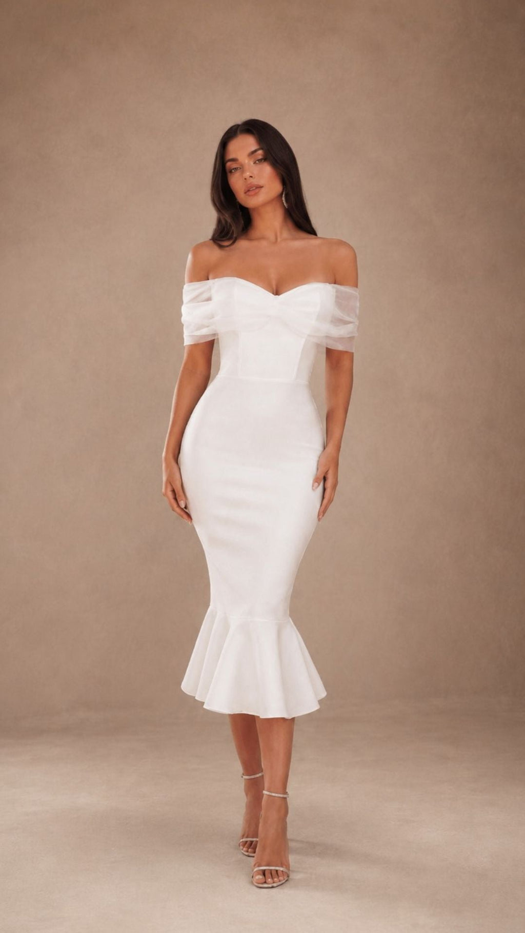 ISABELLA WHITE OFF-SHOULDER MIDI DRESS
