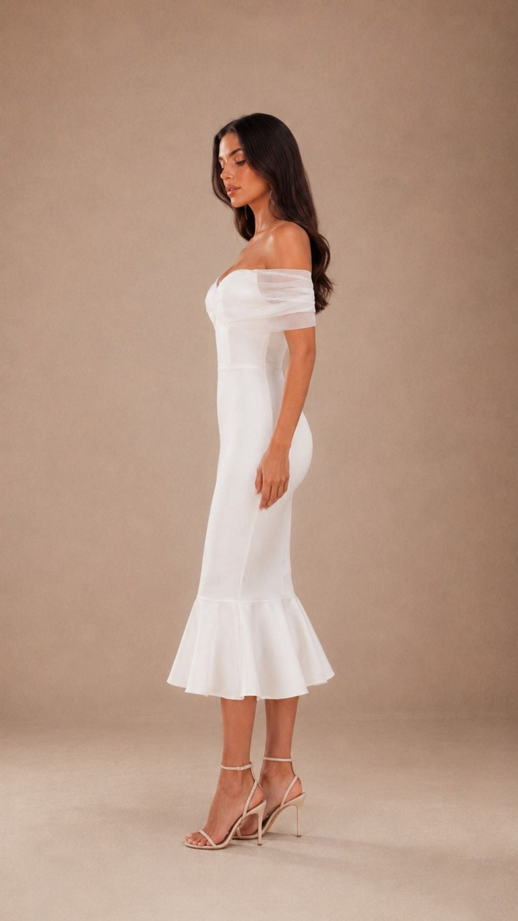 ISABELLA WHITE OFF-SHOULDER MIDI DRESS