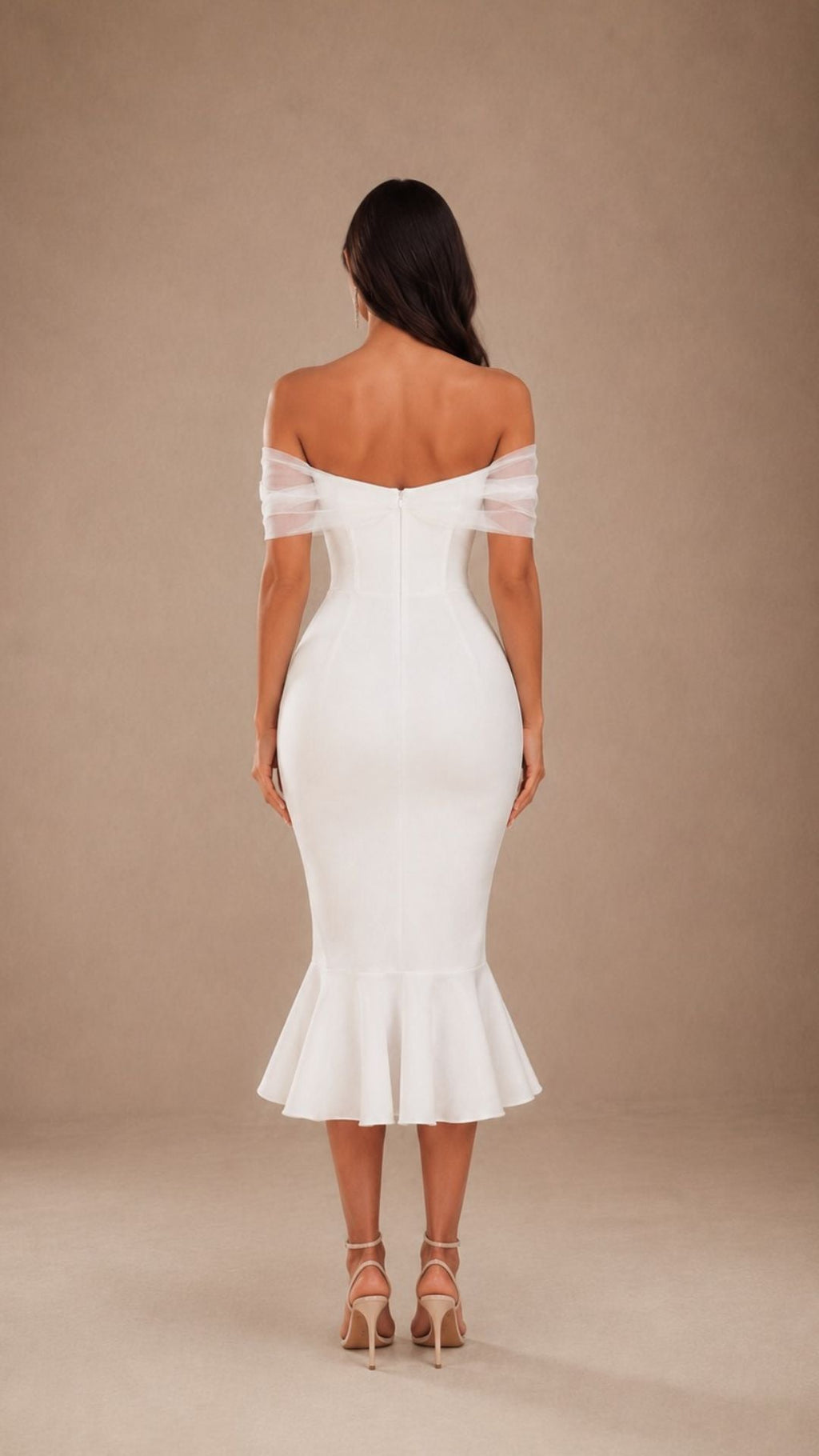 ISABELLA WHITE OFF-SHOULDER MIDI DRESS