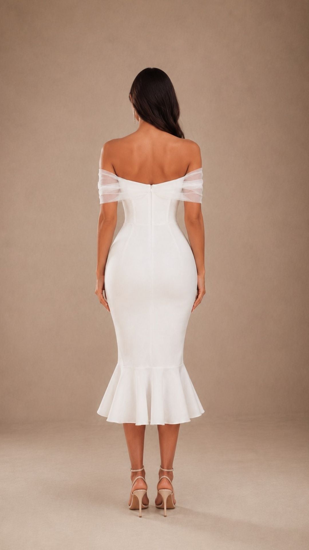ISABELLA WHITE OFF-SHOULDER MIDI DRESS