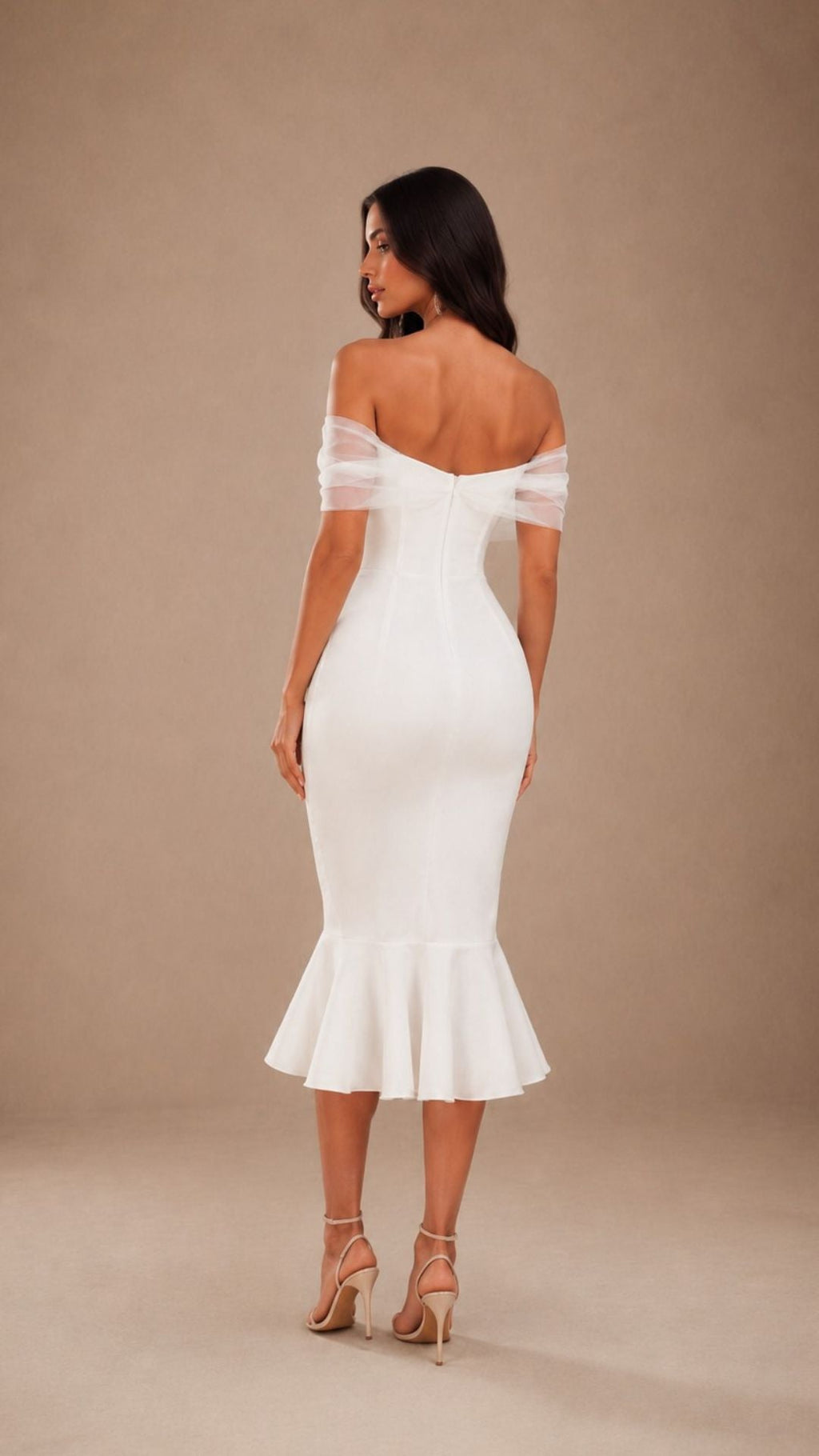 ISABELLA WHITE OFF-SHOULDER MIDI DRESS