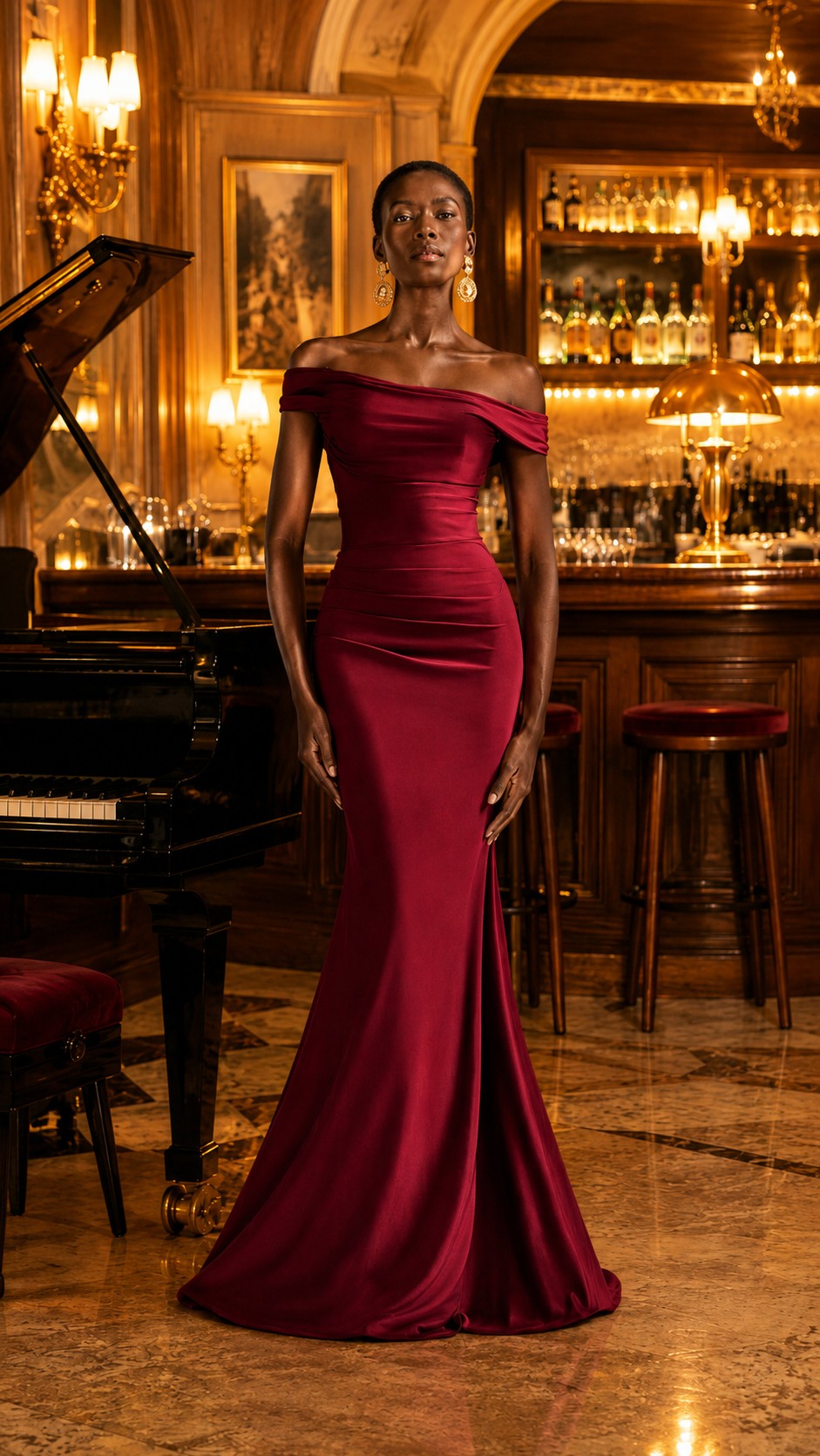 ELARA BURGUNDY OFF-SHOULDER MAXI DRESS