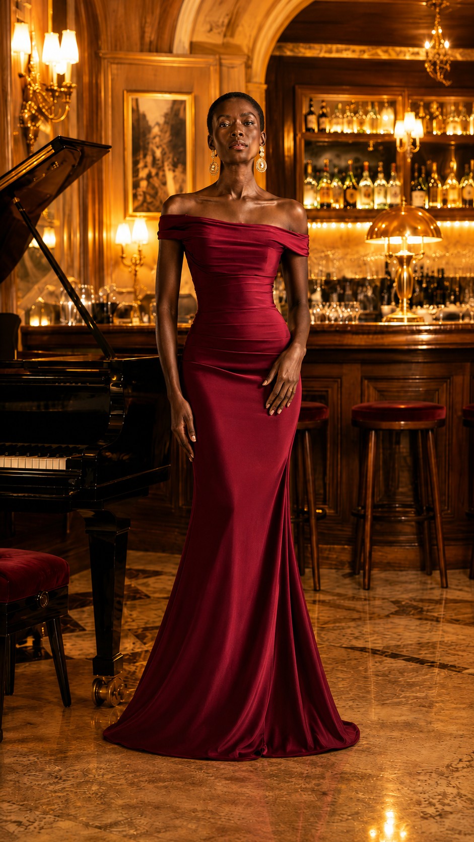 ELARA BURGUNDY OFF-SHOULDER MAXI DRESS