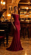 ELARA BURGUNDY OFF-SHOULDER MAXI DRESS