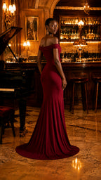 ELARA BURGUNDY OFF-SHOULDER MAXI DRESS